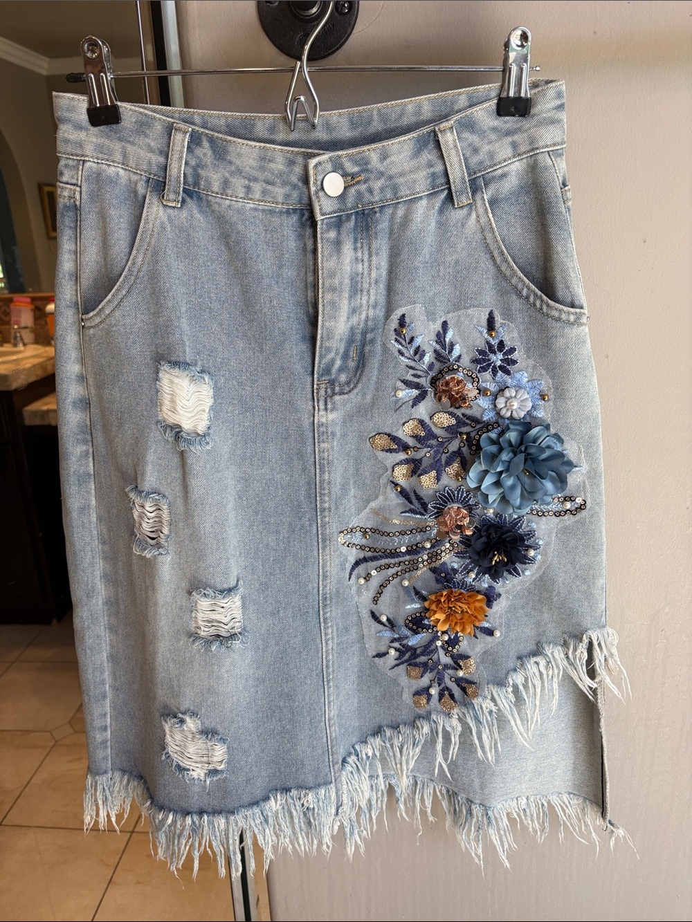 Embellished denim skirt